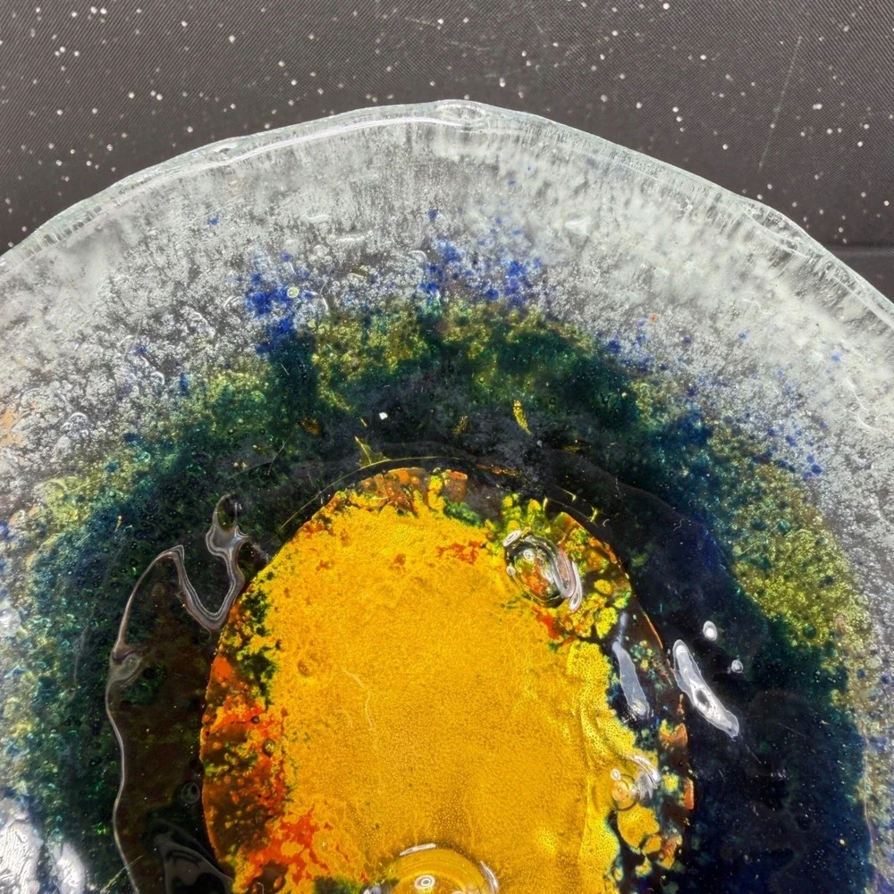 Handmade Fused Glass Bowl Dish Blue Yellow Green Celestial Art Glass Catchall